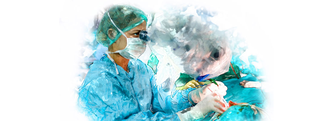 A surgeon in a mask and scrubs performs a procedure, with a soft, artistic effect applied to the image.
